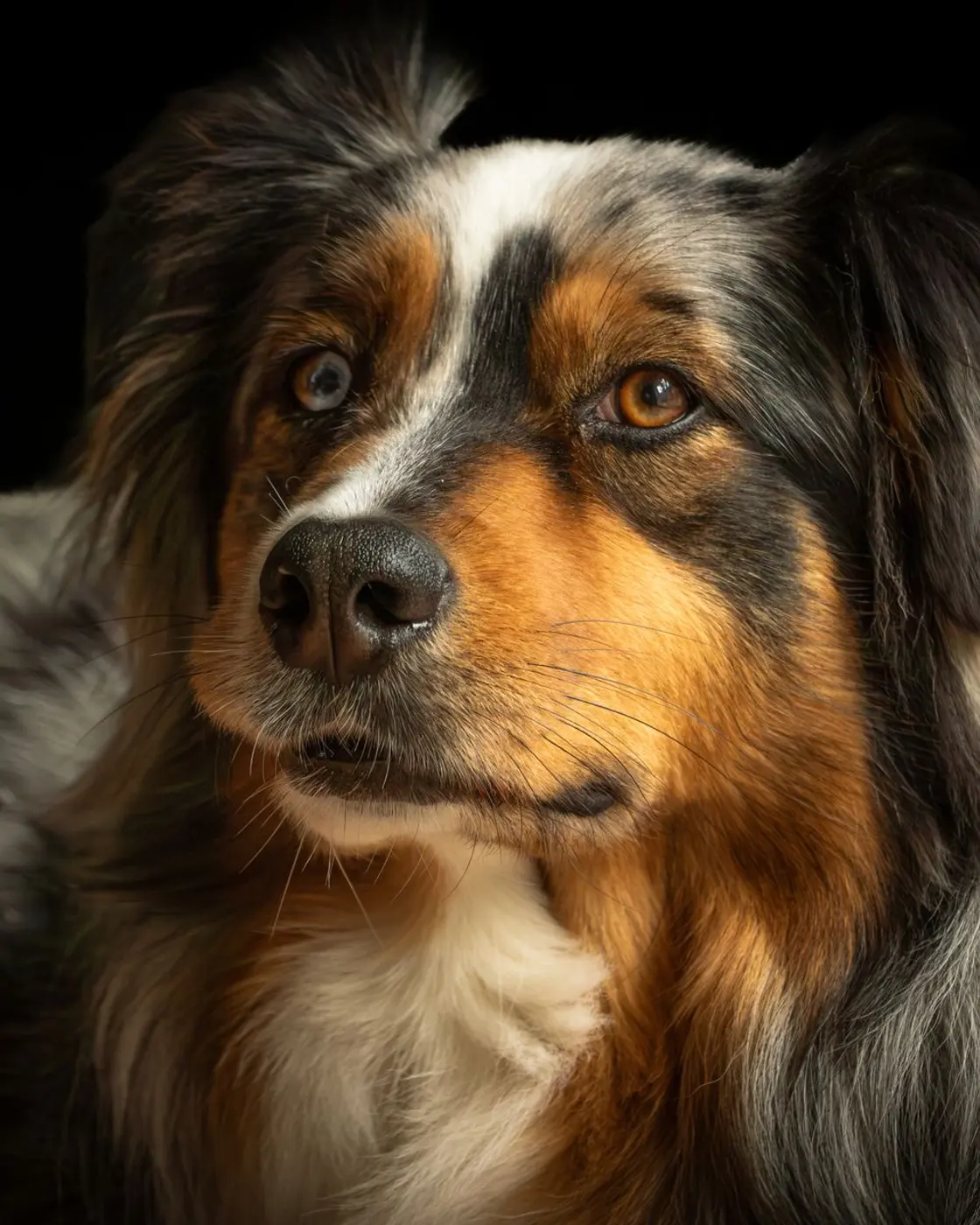 Miniature American Shepherd blu merle (blue merle) dallo sguardo intenso